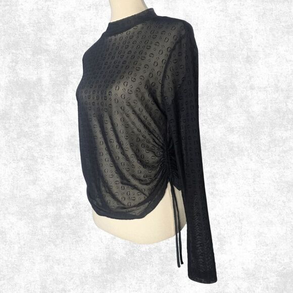 Guess Black Sheer Mesh Monogram Top – Edgy Long Sleeve Festival Layering XL - Picture 5 of 7